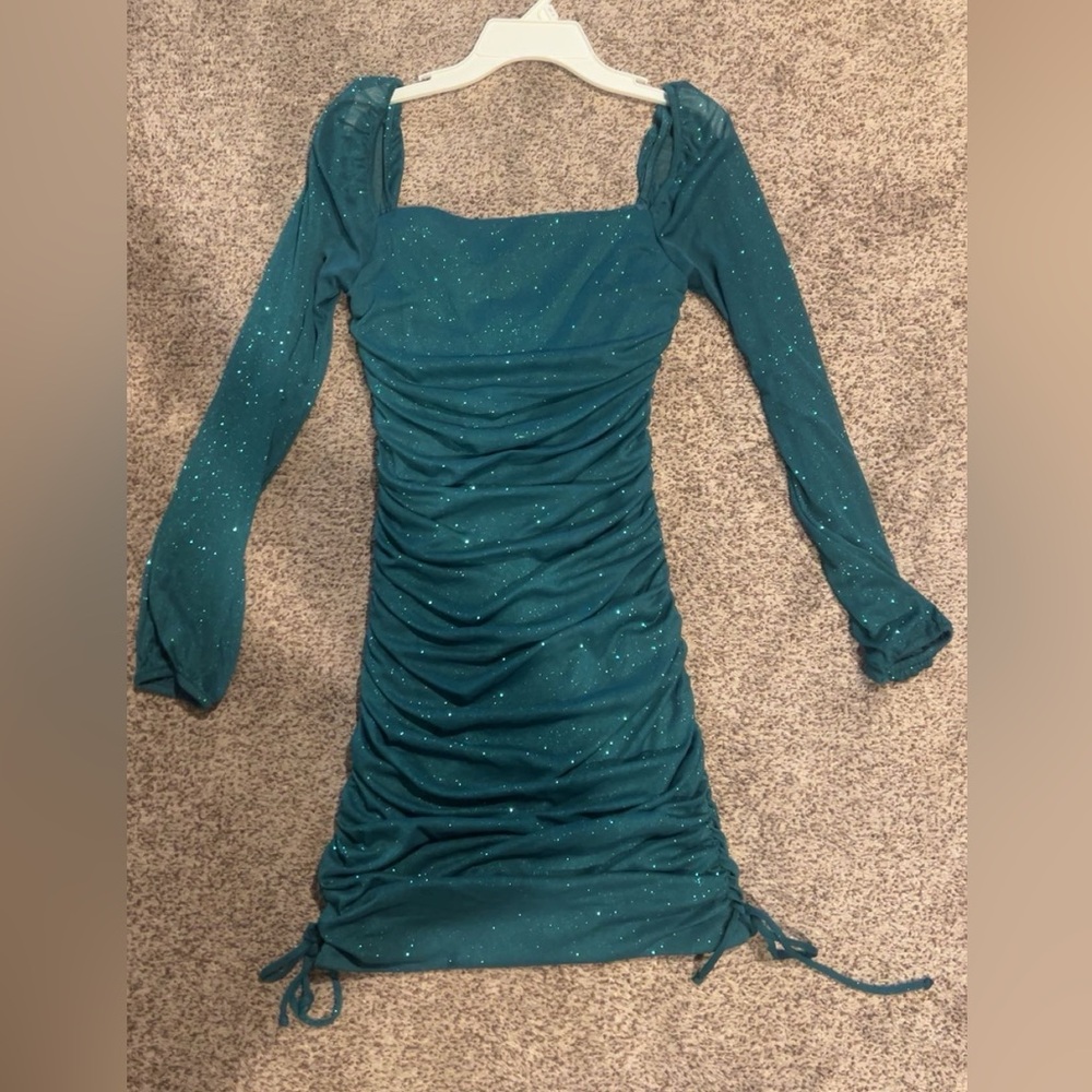 Teal Glitter long Sleeve Ruched Mini Dress medium - Picture 2 of 4